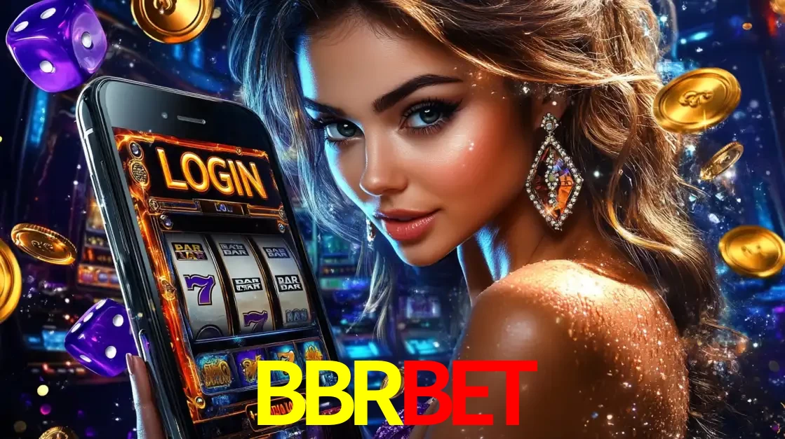 Mulher glamorosa segurando um smartphone com a tela de login para os jogos de caça-níqueis do cassino online BBRBET, com moedas de ouro e dados ao redor.