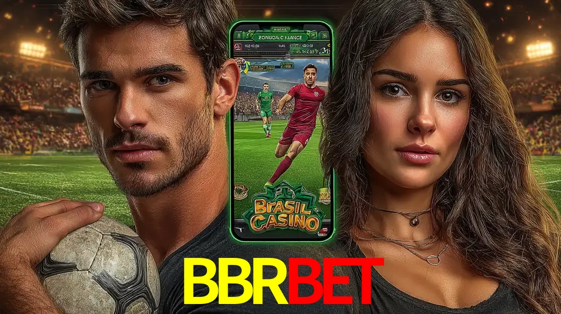 Homem segurando uma bola de futebol e uma mulher ao lado de um smartphone exibindo o jogo de apostas esportivas da BBRBET. Faça seu palpite no cassino online.